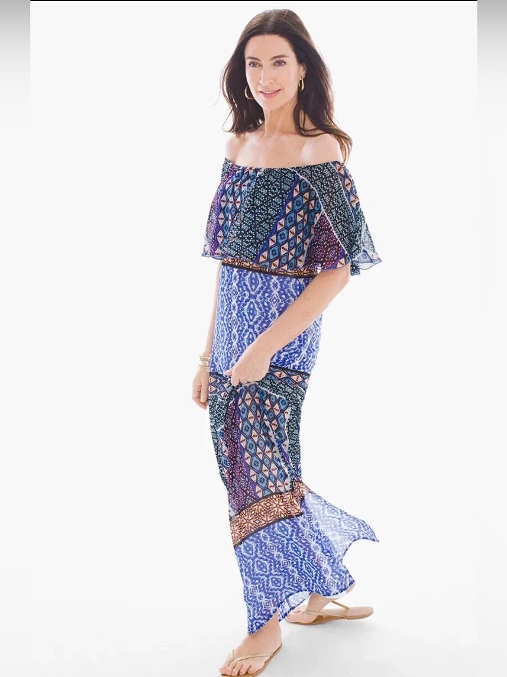 NWOT Chico's Blue Multi Maxi Off Shoulder Pleasant Dress -Size US 0/med